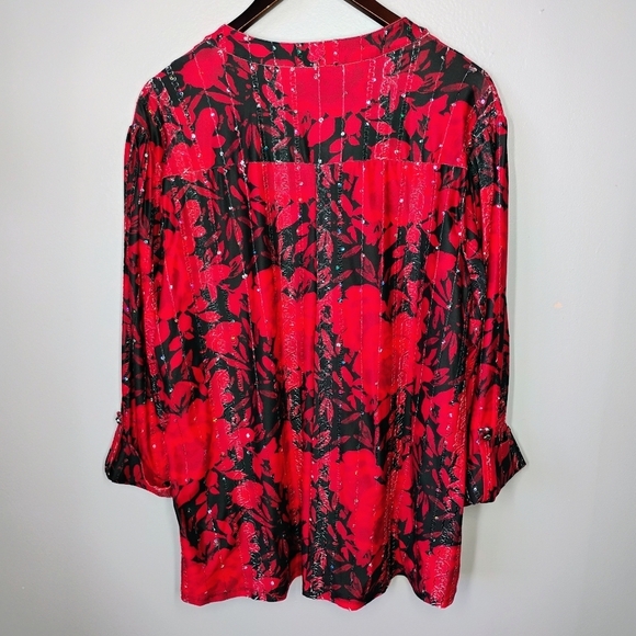 Cocomo Top Womens Plus 2X Red Black Floral Sequin Pintuck Goth Dark Feminine - Picture 4 of 10